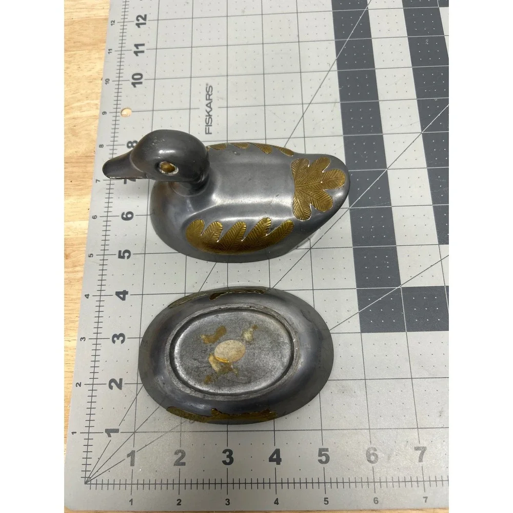 Vintage Pewter Duck Trinket Box Grey Gold Metal Lidded Decorative Dish‎ Hunting